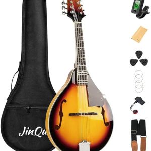 Model A mandolin instrument for beginners, children, adults; 8-string acoustic mandolin selection of spruce and Sabili; Starter kit: Tuner, strings, straps, pick, wipe cloth,Sunburst