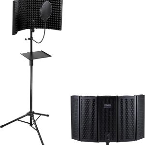 Vever Microphone Isolation Shield, 5-Panel, Studio Recording Foldable Mic Sound Shield, with Pop Filter Floor Tripod Stand 3/8'' to 5/8'' Microphone Adapter, for Blue Yeti and Condenser Microphones