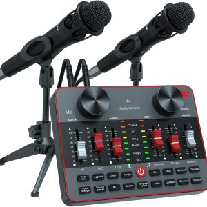 Podcast Equipment Bundle for 2 Mic Tiktok Video Content Creator Kit, Audio Interface DJ Mixer Sound Card/Board Condenser Microphone for Studio Smartphone/PC/Laptop Broadcast Recording/Live Stream