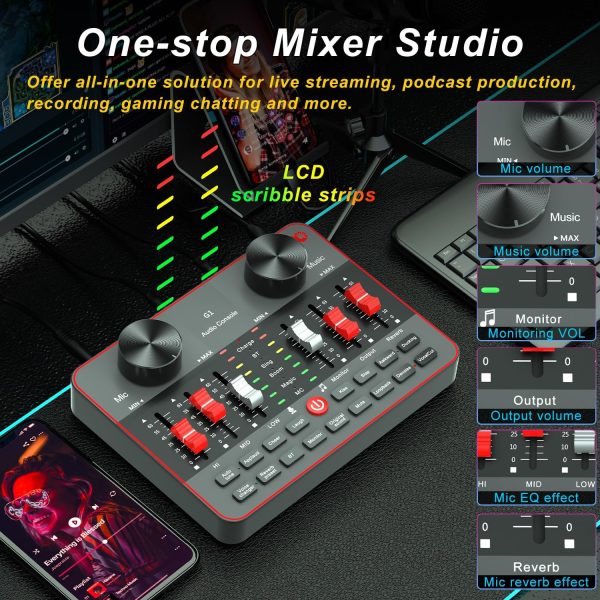 Podcast Equipment Bundle for 2 Mic Tiktok Video Content Creator Kit, Audio Interface DJ Mixer Sound Card/Board Condenser Microphone for Studio Smartphone/PC/Laptop Broadcast Recording/Live Stream - Image 2