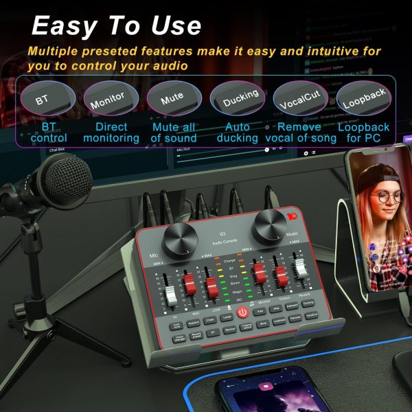Podcast Equipment Bundle for 2 Mic Tiktok Video Content Creator Kit, Audio Interface DJ Mixer Sound Card/Board Condenser Microphone for Studio Smartphone/PC/Laptop Broadcast Recording/Live Stream - Image 4